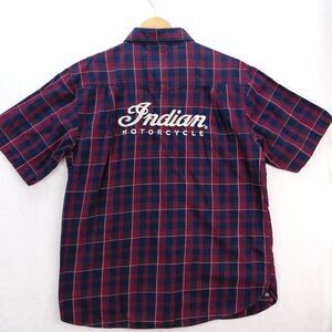 Indian Motorcycle Shirt Mens Large Red Blue Plaid Embroidered Spellout Button Up